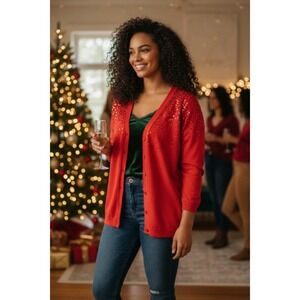 Relativity Red Sequin Embellish Cardigan Sweater 3/4 Sleeve Women's Plus Size 2X